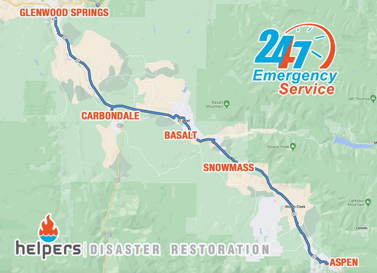 All Services & Cities | Helpers Restoration | Water Damage Cleanup & Restoration Company in Aspen | Helpers Helpers map of the Roaring Fork Valley corridor from Aspen through Snowmass, Basalt and Carbondale to Glenwood Springs